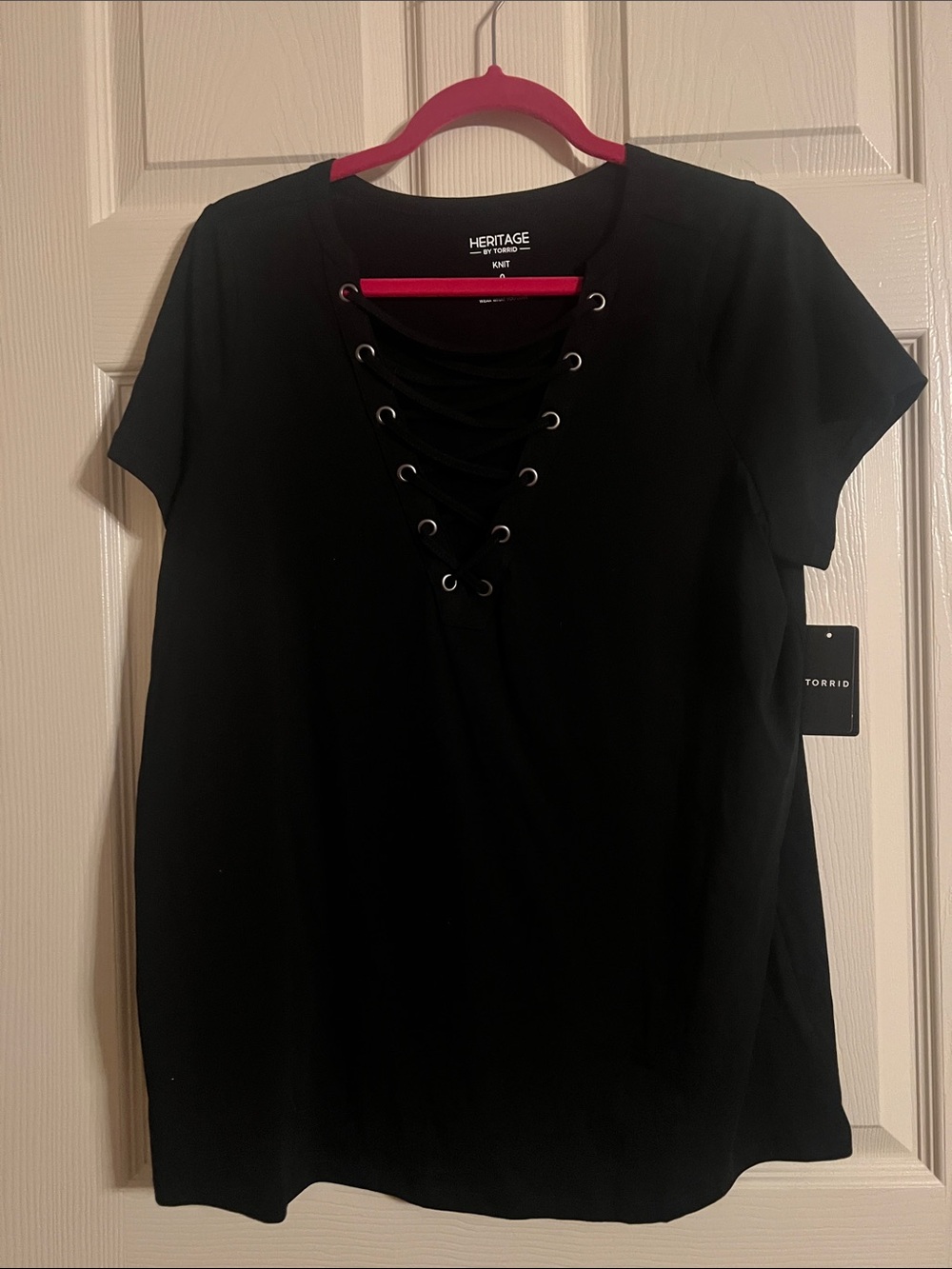 Heritage Black Lace-Up Short Sleeve Knit Top